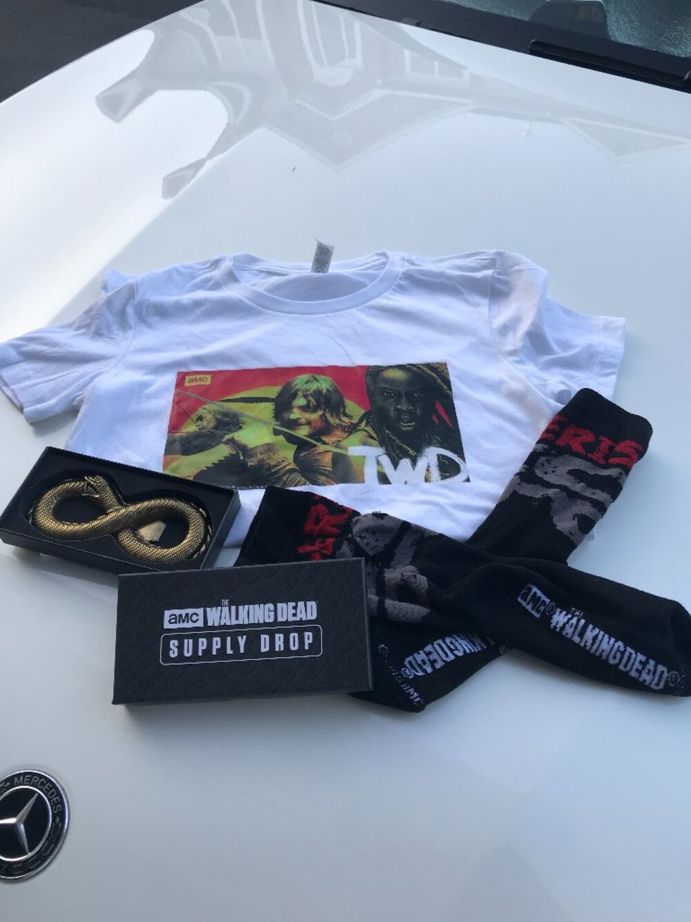 The Walking Dead . Women small T-Shirt, sox, bottle opener. ORIGINAL. NEW,